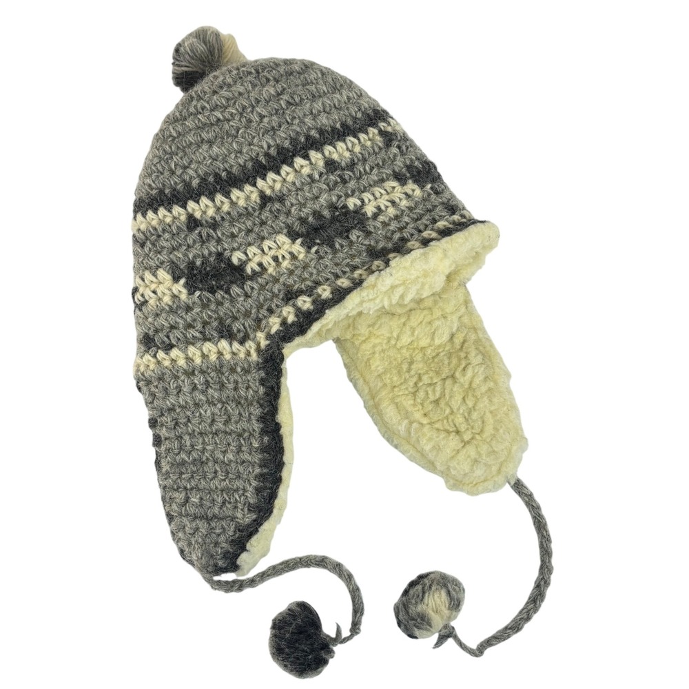 Hand Knit Trapper Hat Wool Gray Crochet Gorpcore Mens Womens Ski Made in Poland